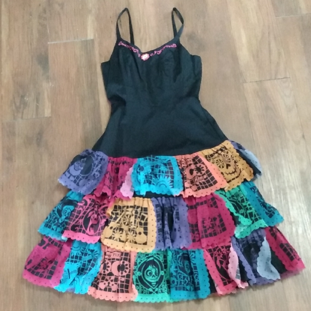 NWOT Pixar Disney Dress Shop Coco Layered Dress Women XS Day Of The Dead Color